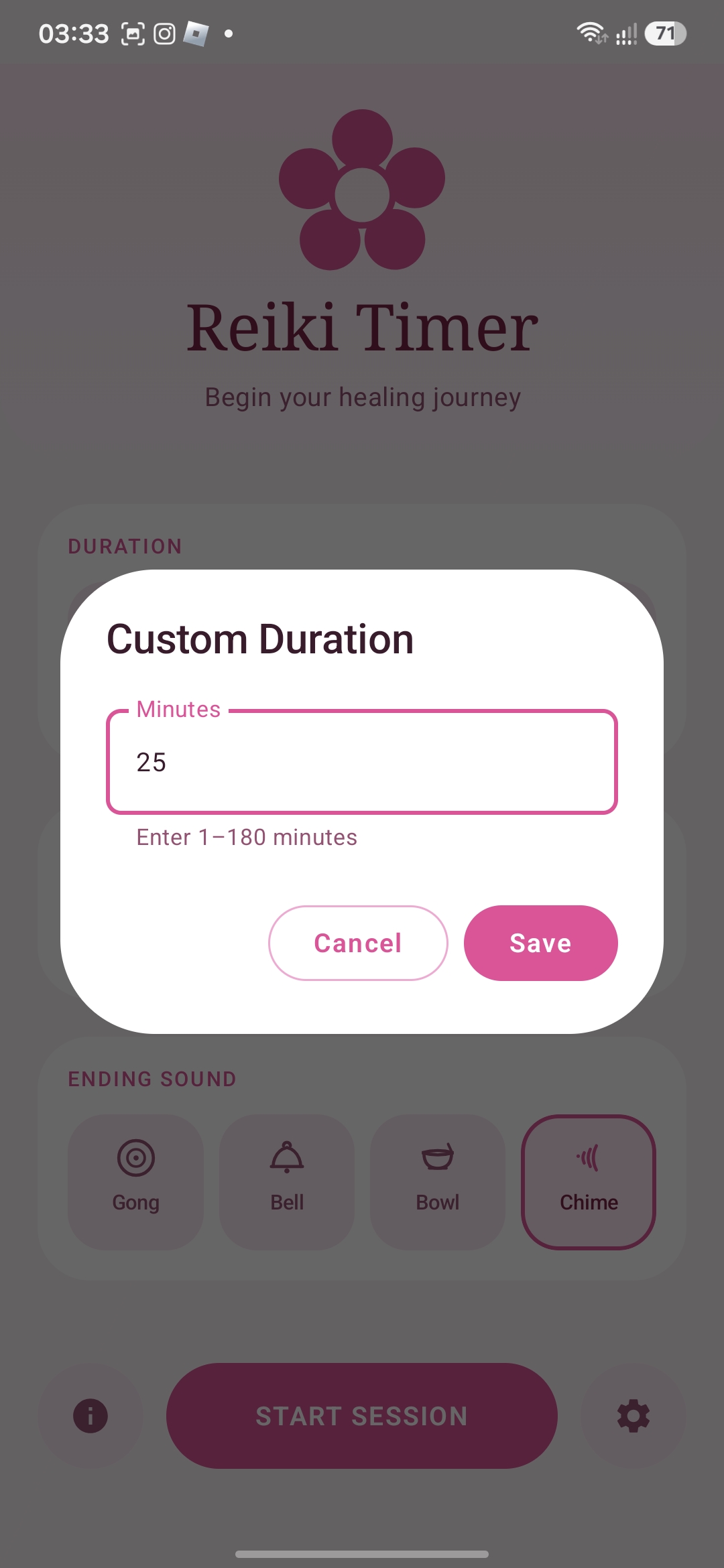 Окно Custom Duration для ввода минут