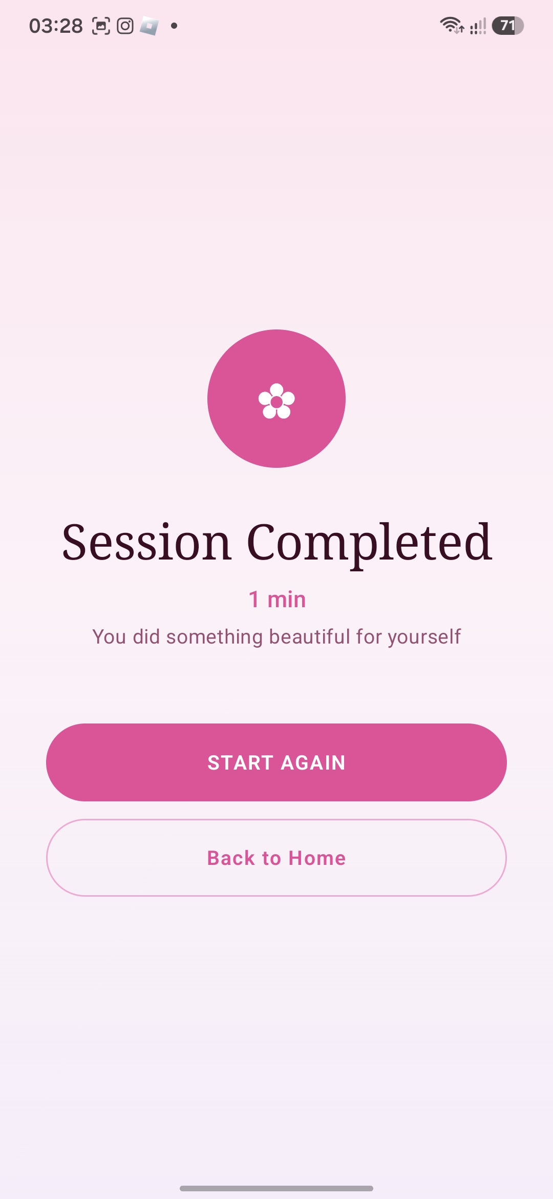 Светлый экран завершения сеанса в Reiki Timer
